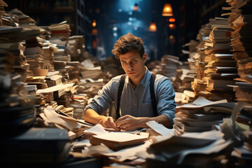 A person surrounded by stacks of cluttered paperwork and unfinished projects, signifying workaholism and its consequences. Generative Ai.