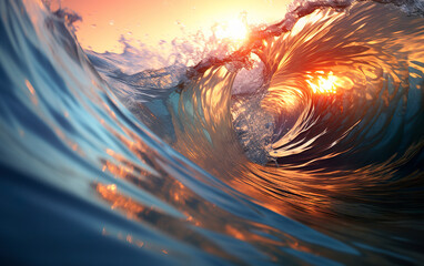 Close-up of stunning wave energy crashing into the sea in stunning detail. Wave in its complexity and ephemeral beauty. Natural phenomenon of the seas.