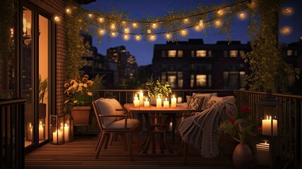 a balcony adorned with string lights and flickering candles, casting a warm and inviting glow into the night.