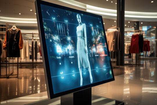A smart mirror in a physical store that scans clothing items and displays additional information, reviews, and suggestions. Concept of in-store technology. Generative Ai.
