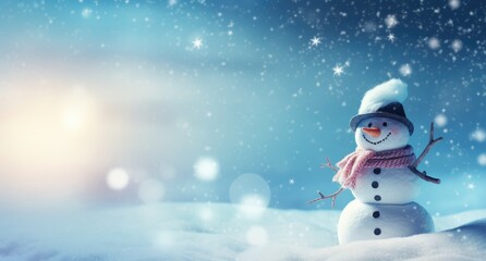 A cute snowman with a hat and scarf standing in a snowy landscape