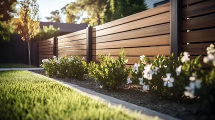 Foto op Canvas a welcoming home with a beautiful new wooden fence surrounding the house on a bright and sunny day. The exterior of your home and wood fence in all its glory. © lililia
