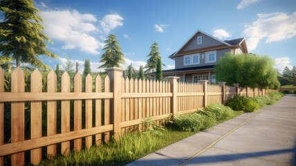a welcoming home with a beautiful new wooden fence surrounding the house on a bright and sunny day. The exterior of your home and wood fence in all its glory. - obrazy, fototapety, plakaty
