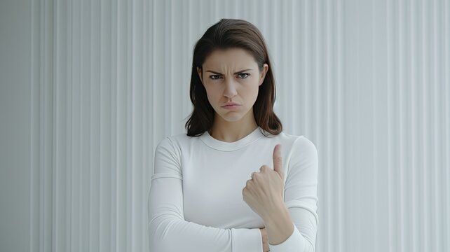 woman in a modern minimalist living room expressing her contempt and dissatisfaction.