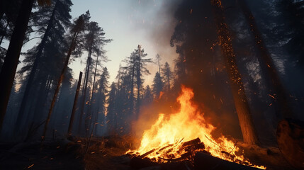 A raging fire engulfing a dense forest - obrazy, fototapety, plakaty