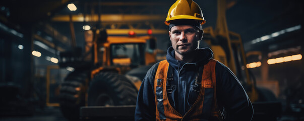 Factory worker wearing protective gear and operating heavy machinery - obrazy, fototapety, plakaty