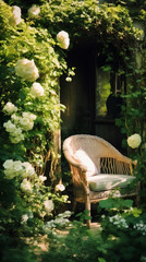 A wicker chair in a serene garden setting