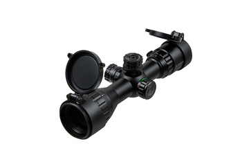 Optical sniper scope with open protective covers. Optical device for aiming and shooting at long distances. Isolate on a white back
