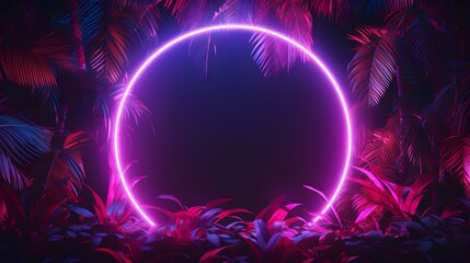 Fototapeta na wymiar Dark Purple Neon Circle surrounded by Tropical Leaves. Exotic Backdrop with Copy Space