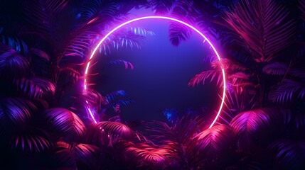 Dark Purple Neon Circle surrounded by Tropical Leaves. Exotic Backdrop with Copy Space
