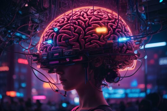 AI-generated illustration of a human brain with wires and cables attached to it, representing the fusion of biological and artificial intelligence.