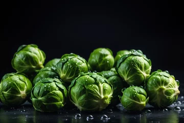Foto op Plexiglas brussels sprouts with water drops on a black background © magann