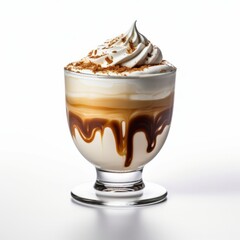 Cream pouring into coffee in a glass cup, on a white background