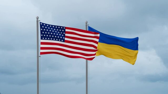 Ukraine and United State or USA flag waving together on cloudy sky, endless seamless loop, two country cooperation concept
