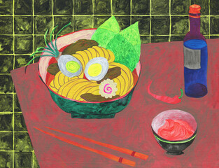 japanese foods and drinks. acrylic illustartion