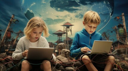 children at play showing their imagination through the use of technology the internet and digital tools. generative AI