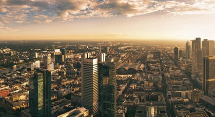 Ausblick über Hochhäuser als Panorama in Frankfurt am Main im Sonnenuntergang - obrazy, fototapety, plakaty