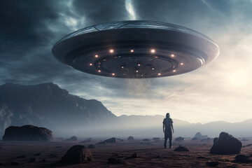 Futuristic space explorer encountering an alien civilization on a distant planet