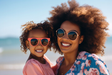 Smiling black mother and beautiful daughter wearing sunglasses having fun on the beach. ai generative - obrazy, fototapety, plakaty