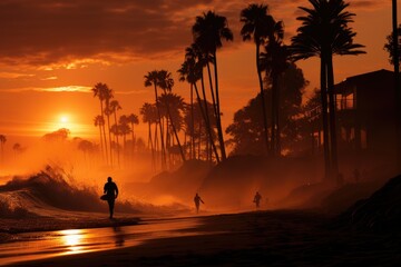 Solitary surfer slides the golden waves at dawn., generative IA