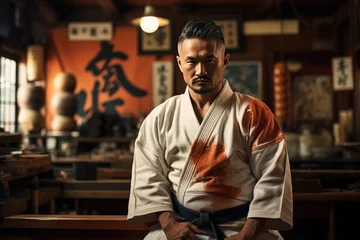 Fotobehang Karate fighter focused on trophy -filled dojo., generative IA © Gabriel