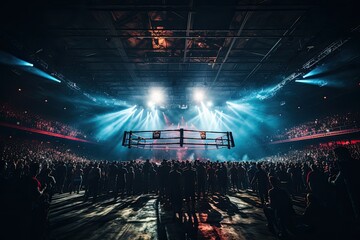 Intense boxing struggle in a ring full of spectators., generative IA