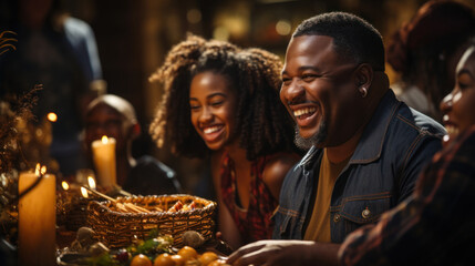 Happy Thanksgiving Day! Group of friends having dinner together at home. Young african american man and woman sitting at the table and smiling. - obrazy, fototapety, plakaty