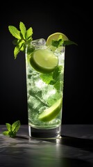Iced Mojito on dark frosted grain countertop, decoration of the cocktail