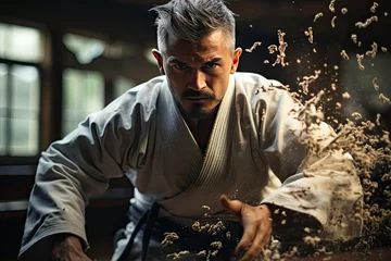 Tuinposter Intense fight in Dojo: Kimonos, precise blows., generative IA © Gabriel