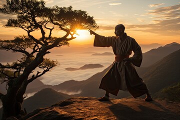 Kung Master Fu Meditating between ancient statues at dawn., generative IA - obrazy, fototapety, plakaty