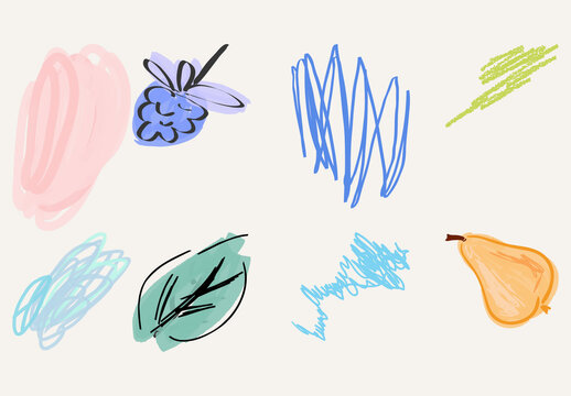 Set of Artistic Hand Drawn Fruits Flowers and Scribbles