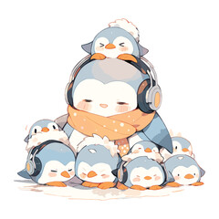 kawaii cute happy penguins cartoon icon illustration. animal nature icon concept isolated. flat cartoon style