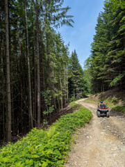 A man in a helmet and overalls rides an ATV along a forest path. Vacation and adventure concept