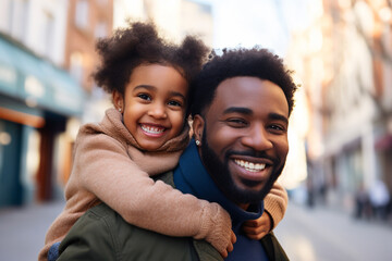 African American dad carry daughter, happy child and kid with smile, fun and cheerful. ai generative