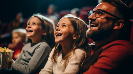 A young father and his daughters are watching an exciting film at the cinema. ai generative - obrazy, fototapety, plakaty