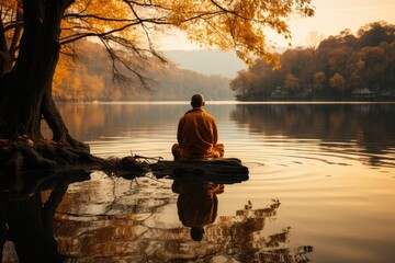 Monk meditates next to the autumn lake surrounded by gold leaves., generative IA