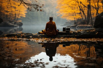 Monk meditates next to the autumn lake surrounded by gold leaves., generative IA