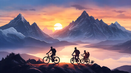 group of campers climbing the mountain by bicycle at sunset. Couple on bike silhouettes and twilight scenery - obrazy, fototapety, plakaty