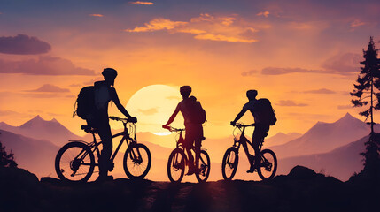 group of campers climbing the mountain by bicycle at sunset. Couple on bike silhouettes and twilight scenery
