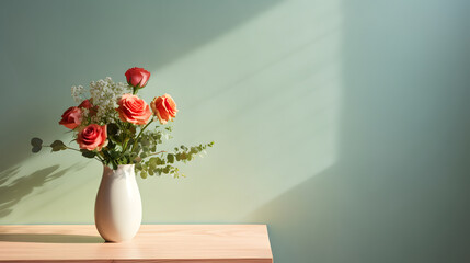 Flowers in a Ceramic Vase on a Tabletop in Front of a Blank Pastel Wall with Streaming Window Light - Generative AI