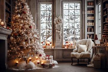 Christmas luxury room interior design. Xmas tree decorated lights. Gifts, candles, lanterns, garland lighting indoors. Magic New year fairy tale