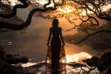 Yoga practitioner in tree pose at dawn, serene scenario., generative IA