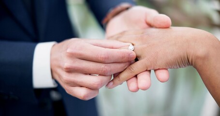 Couple, hands and ring for marriage, love or wedding in ceremony, commitment or support together....