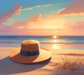 Fotobehang Beautiful digital illustration of hat on the Brazilian coast and a beautiful sunset. Digital art of sunrise on amazing beach vacation. Drawing on the beaches of Brazil. © SuperTittan