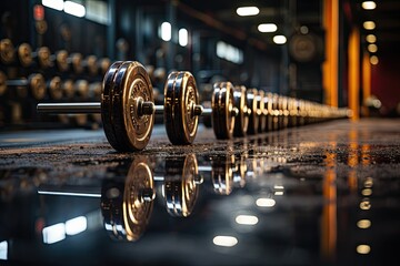 Bright dumbbells in gym retell stories of effort., generative IA - 652474517