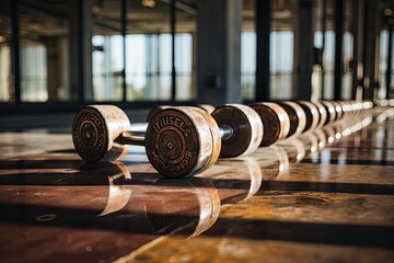 Bright dumbbells in gym retell stories of effort., generative IA - 652474536