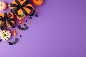 Infusing Halloween with warmth through carefully selected gifts. Top view photo of orange presents, pumpkins, creepy decor, confetti on violet background with promo panel