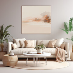 a modern living room with a sofa coffee table and potted plants