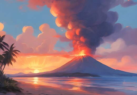 Arte de vulc&atilde;o entrando em erup&ccedil;&atilde;o expelindo fuma&ccedil;a e cinzas no meio do oceano no fim de tarde.