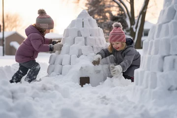 Foto op Canvas Children building a snow fort © thejokercze